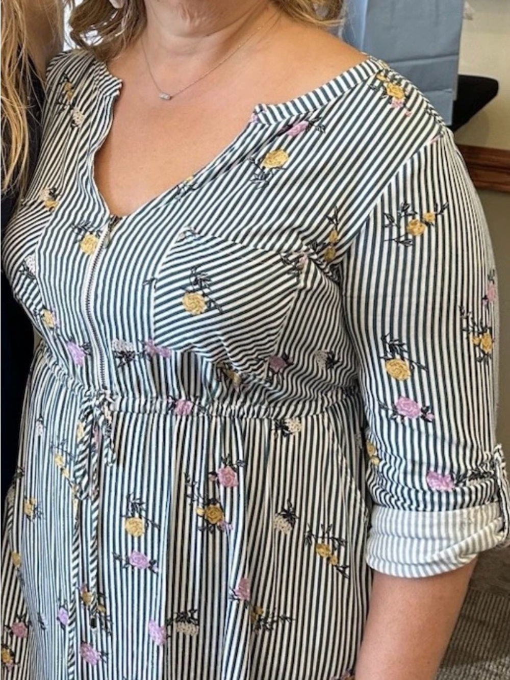 torrid Black and White Striped Long Sleeve Floral Drawstring Dress